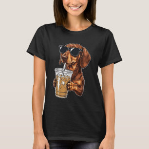 Camiseta Dachshund Engraçado Bebendo Café Gelado
