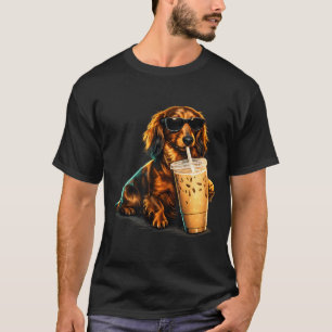 Camiseta Dachshund Engraçado Bebendo Café Gelado Humor Aman