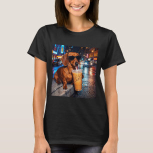 Camiseta Dachshund Engraçado Bebendo Café Gelado Humor Aman