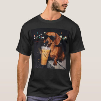 Camiseta Dachshund Engraçado Bebendo Café Gelado Meme de Ca