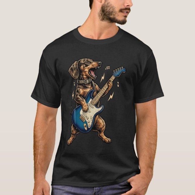 Camiseta Dachshund Engraçado e Fofo Tocando Guitarra Elétri (Frente)