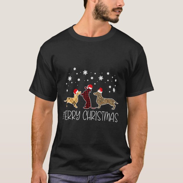 Camiseta Dachshund Felry de Natal, Xadrez-branca Leopard Do (Frente)