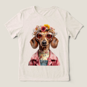 Camiseta Dachshund Floral com Estilo Vintage