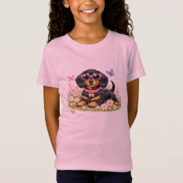 Camiseta Dachshund Fofo na Primavera em Campos de Flores