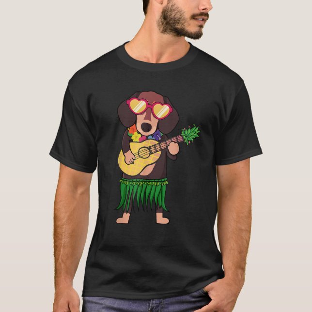 Camiseta Dachshund Hawaiian Costume Playing Ukulele Summer  (Frente)