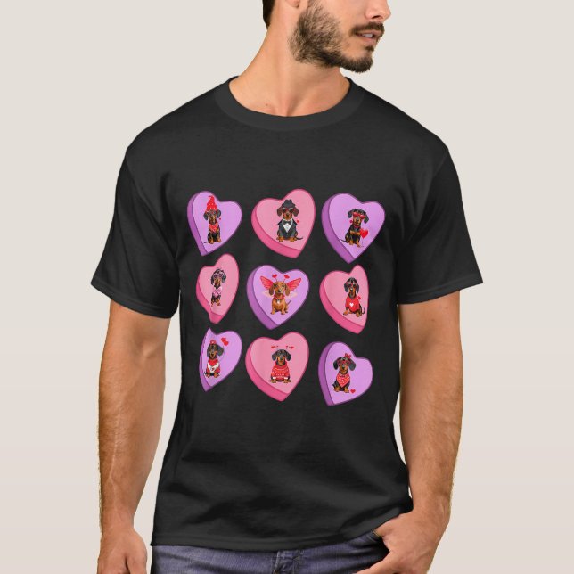 Camiseta Dachshund Hearts Candy Valentines Weiner Dog Pet L (Frente)