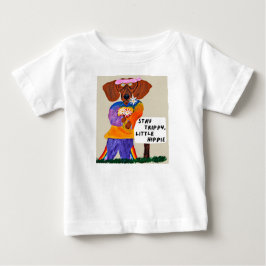 Camiseta Dachshund Hippie no Letreiro Fique Tripado, Pequen
