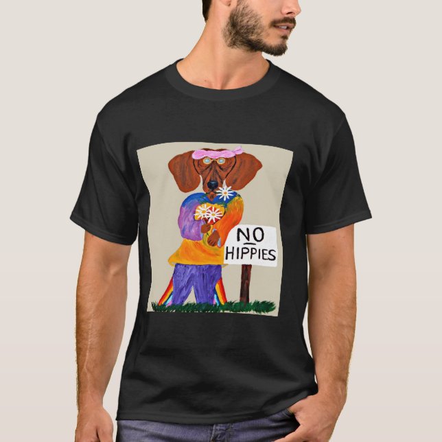 Camiseta Dachshund Hippie no Letreiro Sem Hippies (Frente)