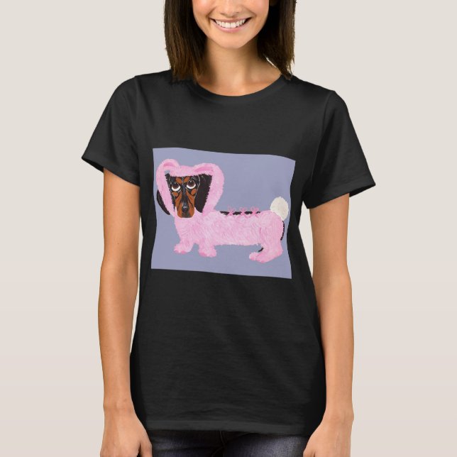 Camiseta Dachshund In Fuzzy Pink Bunny Suit (Frente)