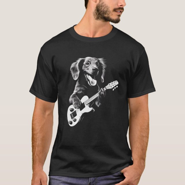 Camiseta Dachshund Jogando Violão Engraçado Guitarra Cachur (Frente)
