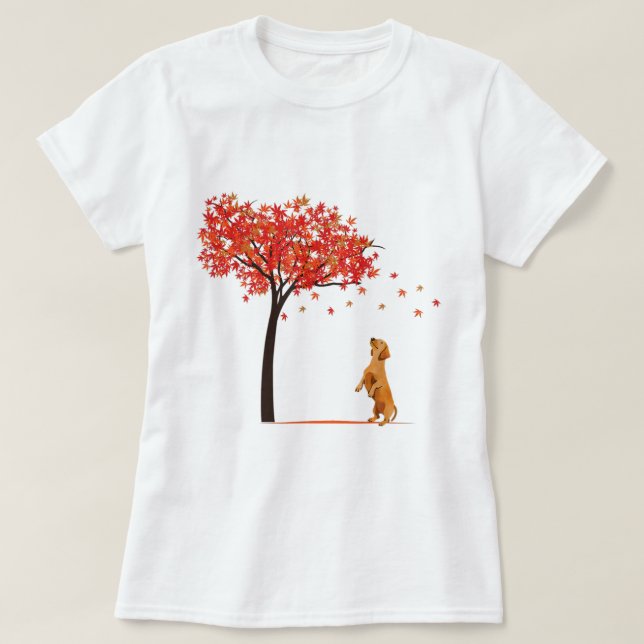 Camiseta Dachshund Maple Tree Dia de Ação de Graças Cachorr (Frente do Design)