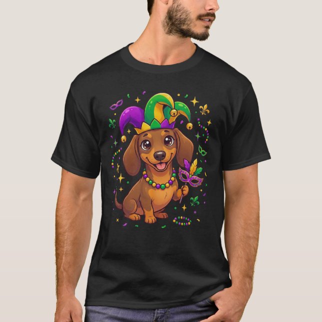 Camiseta Dachshund Mardi Gras Wiener Dog Fun Party Pajamas (Frente)