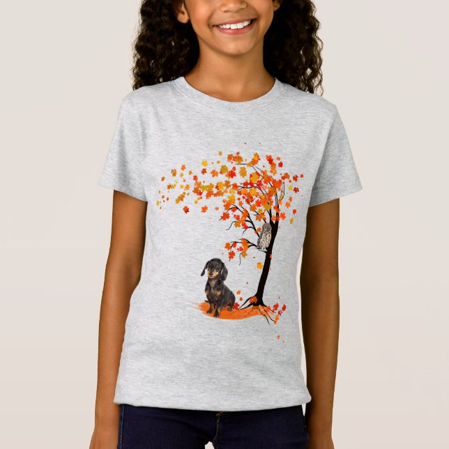 Camiseta Dachshund Owl E Fall Tree Dachshund Lover Outono (Frente)