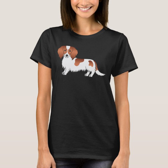 Camiseta Dachshund Pelagem Longa Malhada de Vermelho Cachor (Frente)