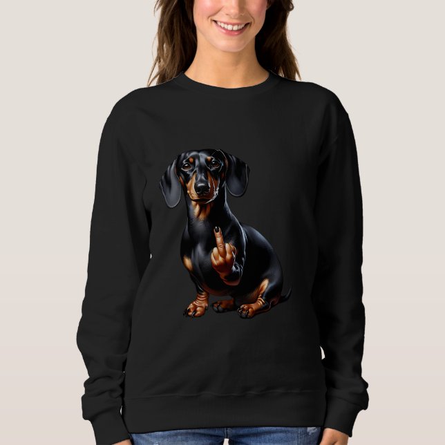 Camiseta Dachshund Preto Com Dedo Médio (Frente)
