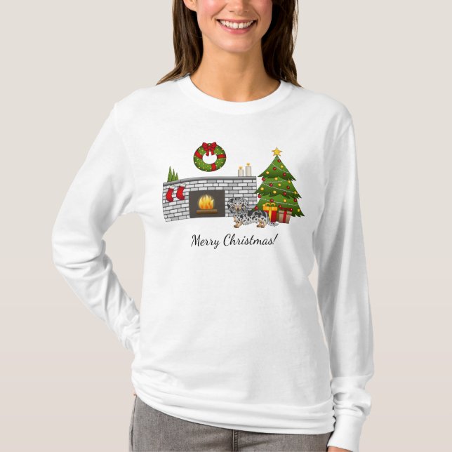 Camiseta Dachshund Preto e Marrom Manchado de Natal de Cabe (Frente)