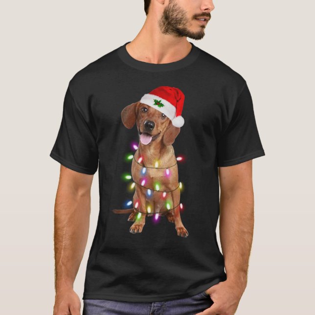 Camiseta Dachshund Santa Christmas Tree Lights Xmas (Frente)