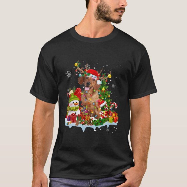 Camiseta Dachshund Santa Hat Reindeer Luzes de Natal (Frente)