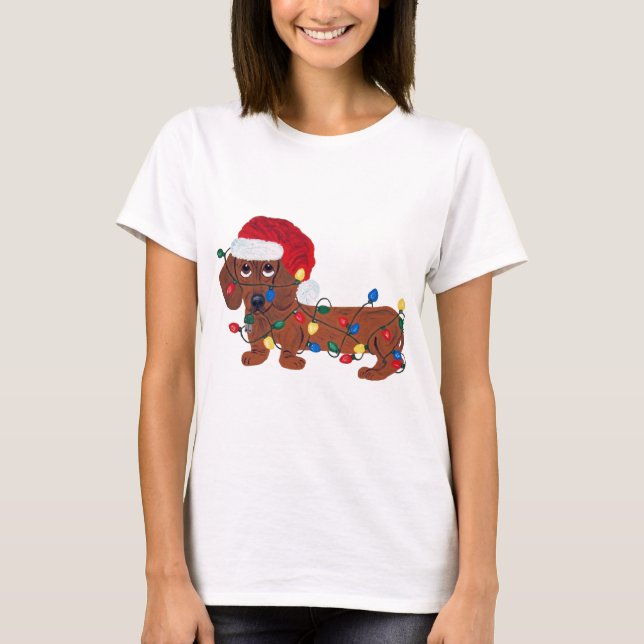 Camiseta Dachshund Tangled nas luzes de Natal (vermelhas) (Frente)