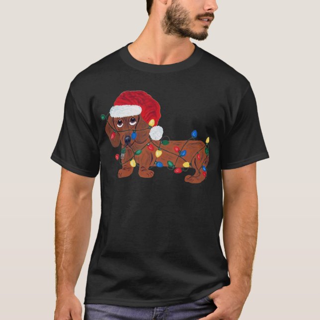 Camiseta Dachshund Tangled nas luzes de Natal (vermelhas) (Frente)