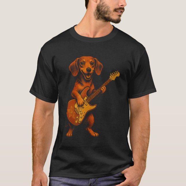 Camiseta Dachshund Tocando Guitarra Elétrica (Frente)