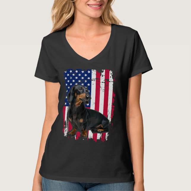 Camiseta Dachshund U Flag Shirt 4 De Julho (Frente)