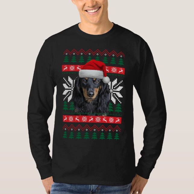 Camiseta Dachshund Ugly Christmas Sweet Style Santa Hat D (Frente)