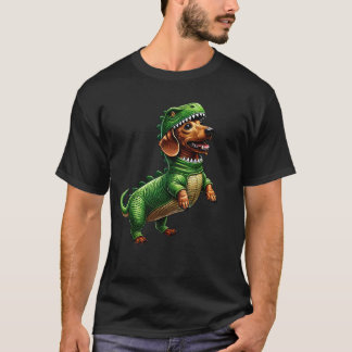 Camiseta Dachshund Vestindo Fantasia de Dinossauro Amante d