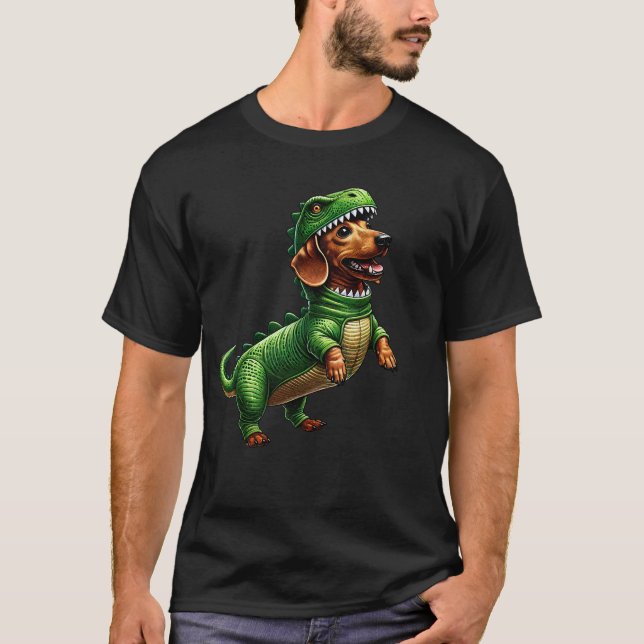 Camiseta Dachshund Wearing Dinosaur Outfit Funny Dog Lover (Frente)