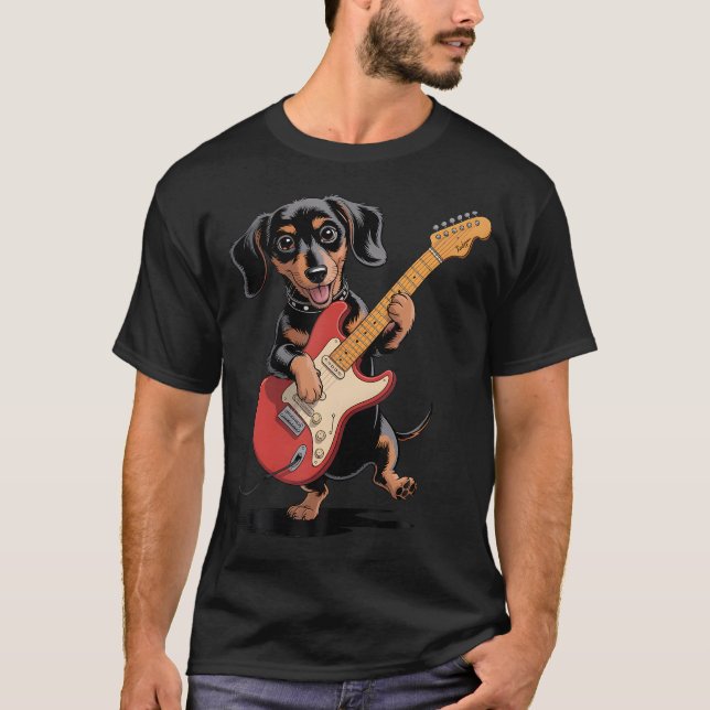 Camiseta Dachshund Weenie Engraçado Tocando Guitarra Cachor (Frente)