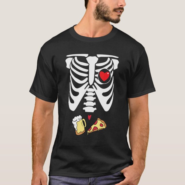 Camiseta Dad Skeleton Halloween Beer Pizza  Pregnancy Coupl (Frente)