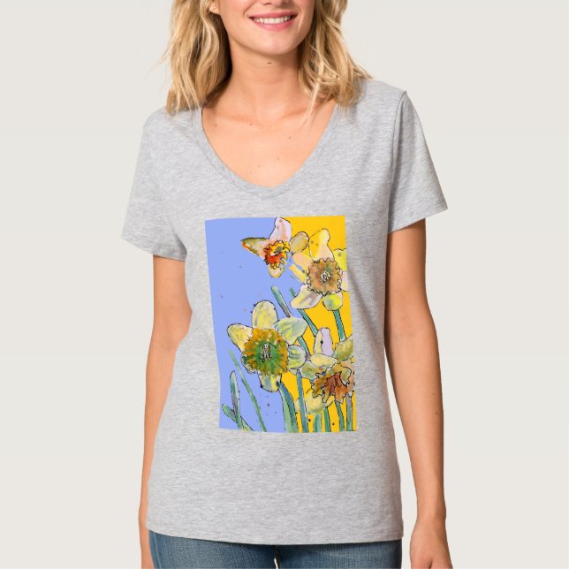 Camiseta Daffodil Flor Púrpura Amarelo Flores Aquarela (Frente)