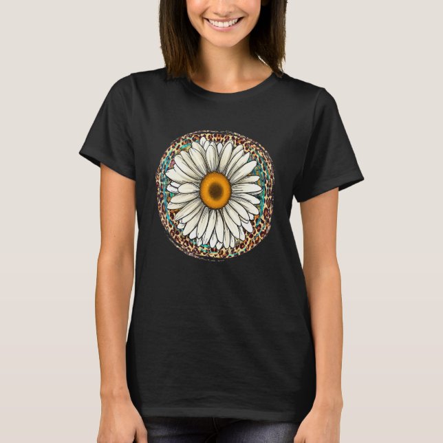 Camiseta Daisy Leopard Flower Western Southern Hippy Boho G (Frente)