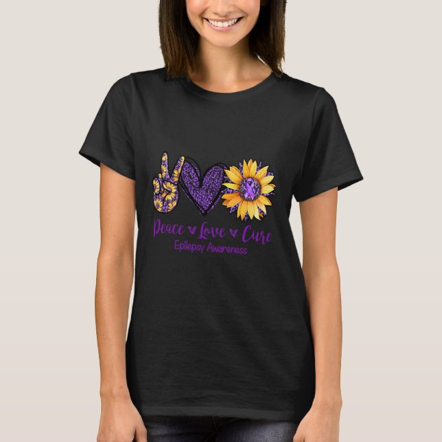 Camiseta Daisy Peace Love Cure Epilepsy Awarse Purple Ri (Frente)