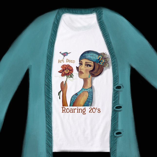 Camiseta Dama Art Déco com flor branca (Art Deco Lady with flower white Tri-Blend Shirt)
