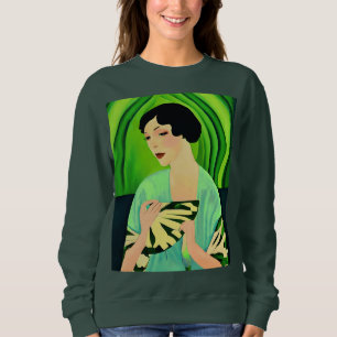 Camiseta Dama Art Déco com um Leque em Verde Jade