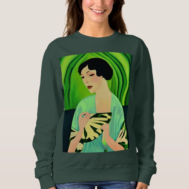 Camiseta Dama Art Déco com um Leque em Verde Jade (Frente)