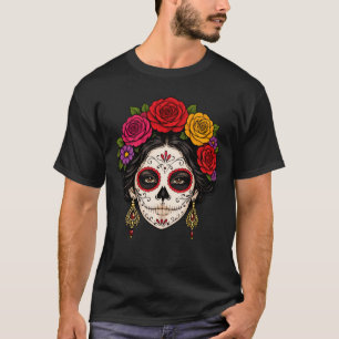 Camiseta Dama de Caveira de Açúcar em Arte de Linha Branca