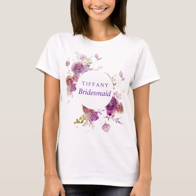 Camiseta Dama de honra floral da aguarela roxa (Frente)