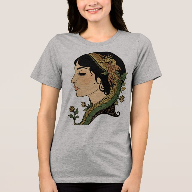 Camiseta Dama do Cabelo de Dragão – Arte Fantástica Persa F (Frente)