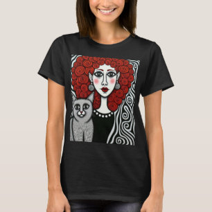 Camiseta Dama Gótica e Gato com Cabelo Espiral Vermelho Pre