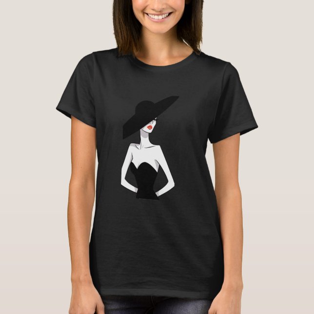 Camiseta Dama Sofisticada em Moda Chic de Chapéu Preto (Frente)