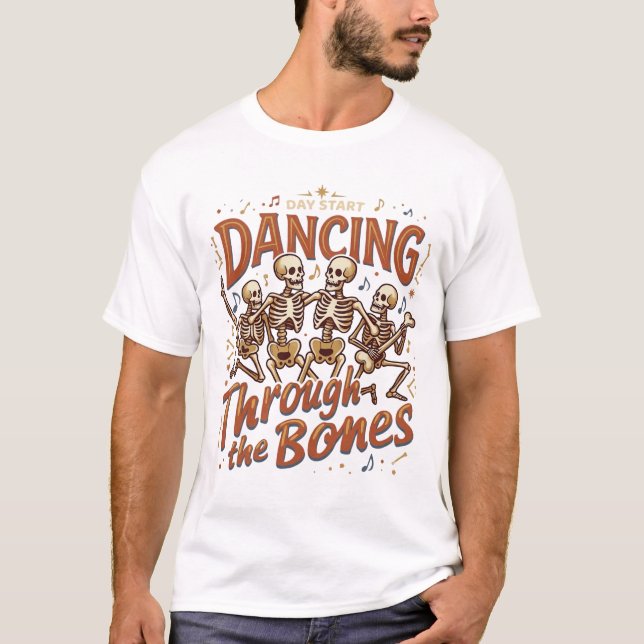 Camiseta Dançando Através dos Ossos Música de Esqueletos de (Frente)