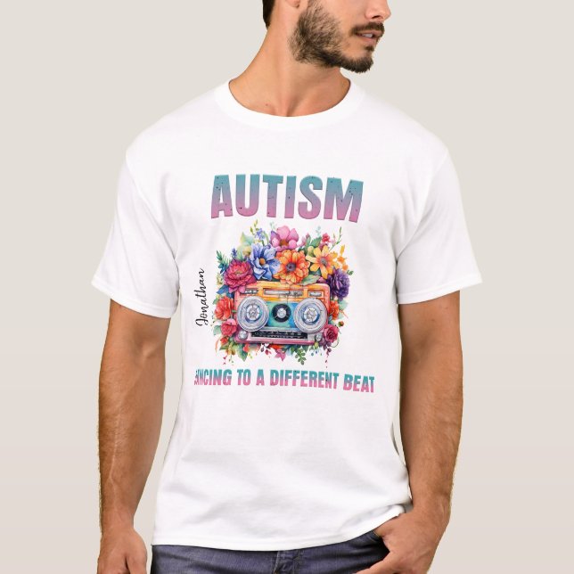 Camiseta Dançando em outro batimento. Consciência do Autism (Frente)