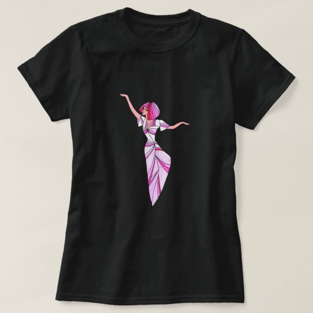 Camiseta Dançarina rosa-escura com cabelo rosa (Frente do Design)