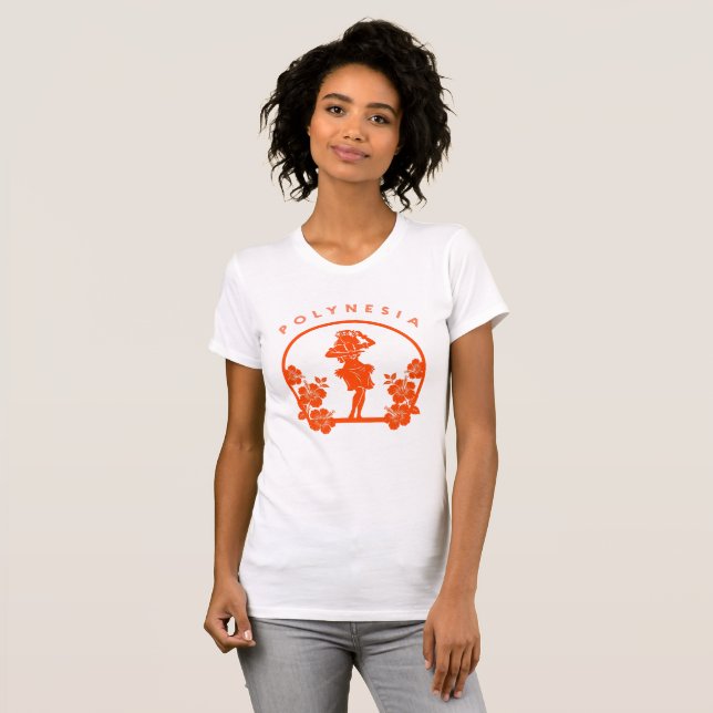 Camiseta Dançarino Polinésio Laranja com Flores de Hibisco (Frente Completa)