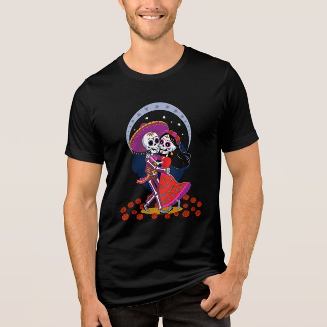 Camiseta Dancing Skeleton Couple in Mexican Hats (Frente)