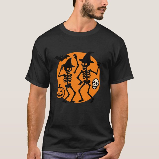 Camiseta Dancing Skeletons Pumpkin Halloween Vibes (Frente)