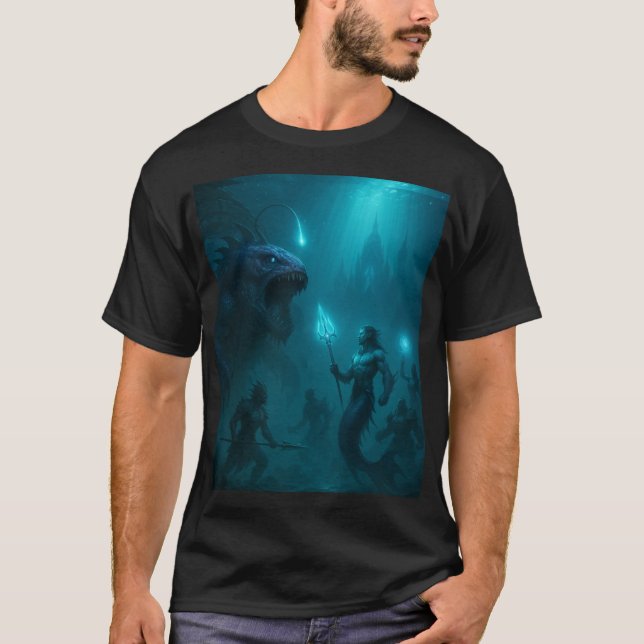 Camiseta Dark Aquatic Warrior & Sea Beast Fantasy Art (Frente)