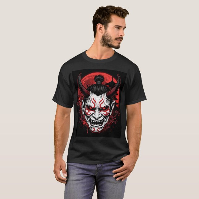 Camiseta Dark Samurai Oni Mask Lua Vermelha Gótica (Frente Completa)